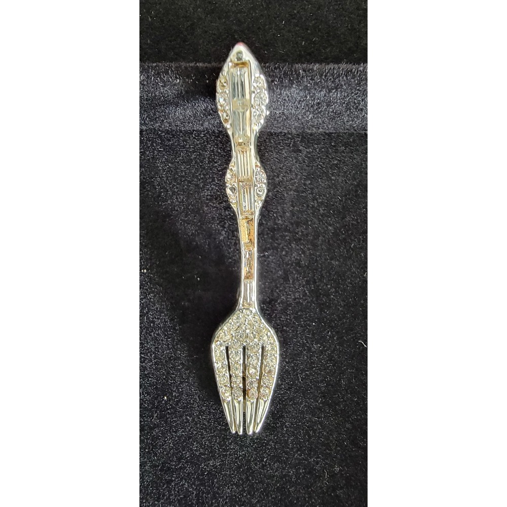 SparklingRhinestone Fork BroochPin SilverTone Glamour‎ Statement Jewelry vintage